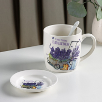 Кружка керамическая с ложкой на подставке «Лаванда», 330 мл, рисунок МИКС Кружка керамическая с ложкой на подставке «Лаванда», 330 мл, рисунок МИКС