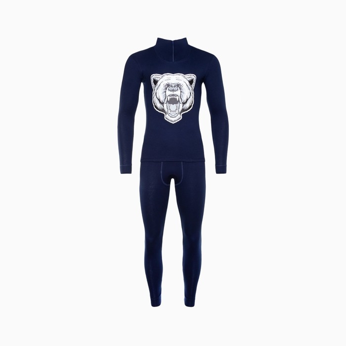 Термобельё мужское НАЧЁС (фуфайка, кальсоны) принт медведь, цвет тёмно-синий, размер 56