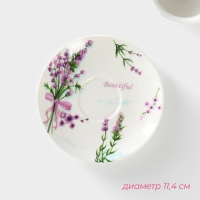 Кофейная пара фарфоровая Доляна &laquo;Лаванда&raquo;, 2 предмета: чашка 80 мл, блюдце d=11,4 см, цвет белый