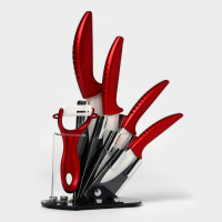 Набор кухонный на подставке «Изгиб», 5 предметов: 4 ножа, лезвие 7,5 см, 10 см, 13 см, 15 см, овощечистка, цвет красный Набор кухонный на подставке «Изгиб», 5 предметов: 4 ножа, лезвие 7,5 см, 10 см, 13 см, 15 см, овощечистка, цвет красный