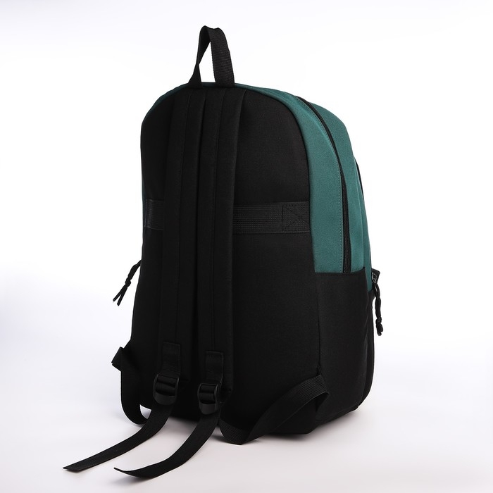 Рюкзак школьный из текстиля на молнии, 3 кармана, сумка, держатель для чемодана, цвет чёрный/зелёный