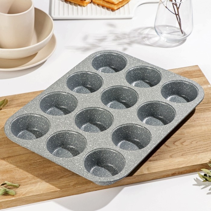 Форма для выпечки &laquo;Элин Мрамор. Кекс&raquo;, 35&times;26,5&times;3 см, 12 ячеек, антипригарное покрытие, цвет серый