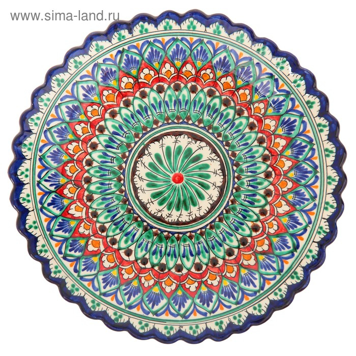 Тарелка Риштанская Керамика Тарелка Риштанская Керамика "Цветы", синяя, рельефная, 25см