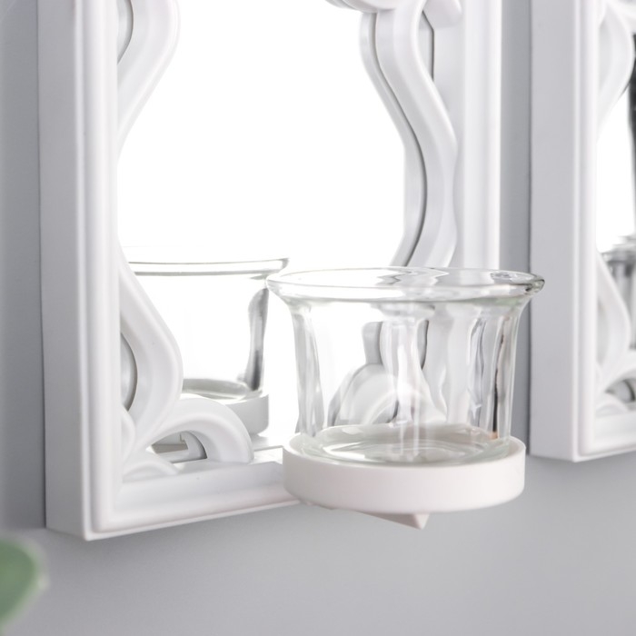 Подсвечник пластик, стекло на 1 свечу "Зеркальные узоры" набор 2 шт d-4 см белая 8х13х40 см   906886