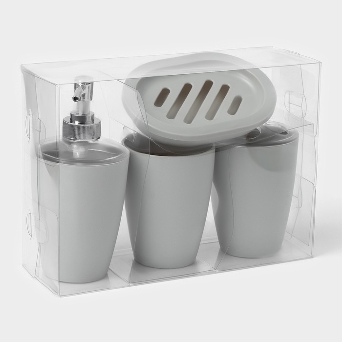 Набор для ванной &laquo;Эталон&raquo;, 4 предмета: дозатор для мыла, мыльница, 2 стакана, 24&times;8&times;17 см, цвет серый