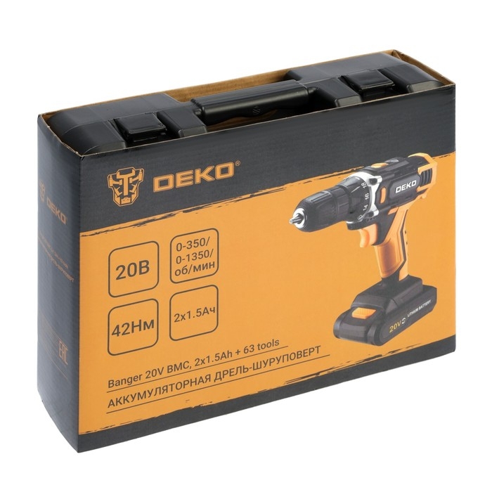 Дрель-шуруповерт DEKO Banger 20V, 20 В, 2х1.5 Ач, кейс + набор инструментов 63 предмета Дрель-шуруповерт DEKO Banger 20V, 20 В, 2х1.5 Ач, кейс + набор инструментов 63 предмета