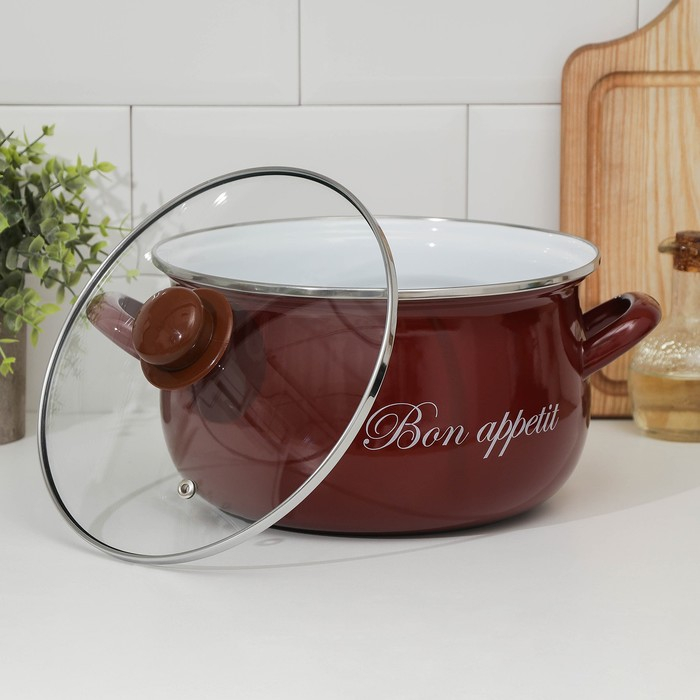 Кастрюля эмалированная «Бордо», 5,1 л, стеклянная крышка, индукция, цвет бордовый Кастрюля эмалированная «Бордо», 5,1 л, стеклянная крышка, индукция, цвет бордовый