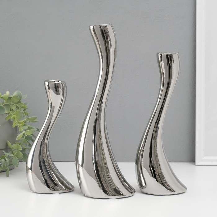 Подсвечник керамика на 1 свечу  "Волна" d=2,5 см, серебро, набор 3 шт h=20, 25 и 30 см