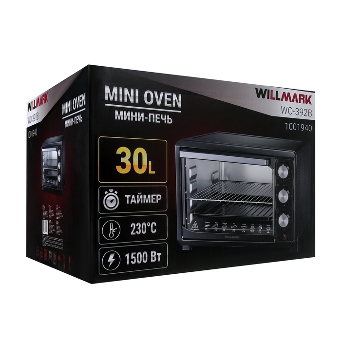 Мини-печь WILLMARK WO-392B, 1500 Вт, 30 л, таймер, до 230°С, чёрная Мини-печь WILLMARK WO-392B, 1500 Вт, 30 л, таймер, до 230°С, чёрная
