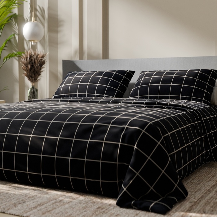 Постельное бельё Этель 2 сп "Клетка" цвет чёрный 175х215, 200х220, 50х70-2 шт, бязь, 125 г/м2