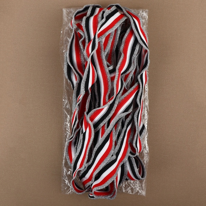 Тесьма трикотажная лампас 25 мм, 9,1 &plusmn; 0,5 м, цвет серебряный/красный/белый/чёрный