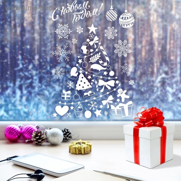 Наклейки новогодние на окна &laquo;Праздник у ёлки!&raquo;, многоразовые, 33 х 50 см, Новый год