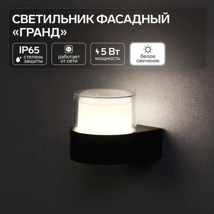 Светильник фасадный «Гранд», FSD-039, 5 Вт, 4000К, IP65, 220 В, пластик, черный Светильник фасадный «Гранд», FSD-039, 5 Вт, 4000К, IP65, 220 В, пластик, черный