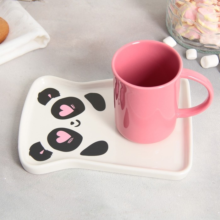 Чайная пара керамическая &laquo;Панда&raquo;, кружка 200 мл, блюдце 17.8х13.3 см, цвет розовый