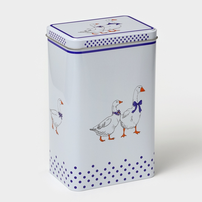 Банка для сыпучих продуктов &laquo;Гуси&raquo;, 2,7 л, 13,5 х 9,5 х 21,5 см, жесть, цвет белый в горох