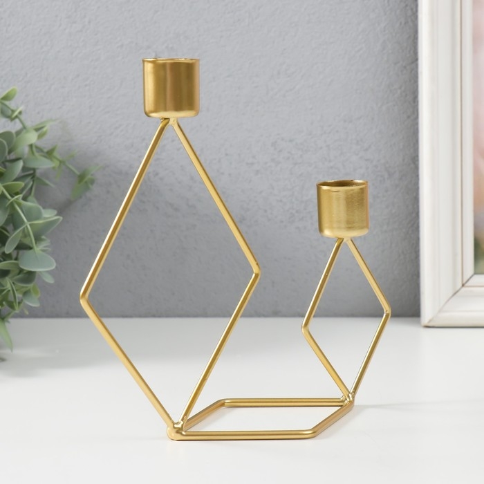 Подсвечник металл на 2 свечи "Геометрия. Ромбы" золото d=2,3 см 7,8х18х19 см