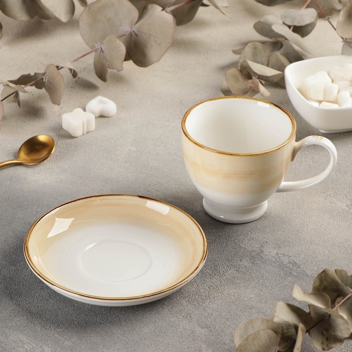 Чайная пара керамическая &laquo;Гелакси&raquo;, 2 предмета: чашка 200 мл, блюдце d=13 см, цвет бежевый