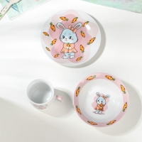 Набор детской посуды из керамики Доляна &laquo;Лапочка зайка&raquo;, 3 предмета: кружка 230 мл, миска 400 мл, тарелка d=18 см