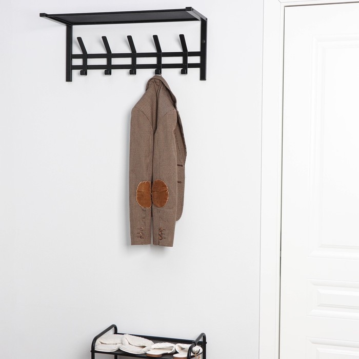 Вешалка с полкой &laquo;Торонто 21&raquo;, 67&times;27&times;27 см, 5 двойных крючков, цвет чёрный