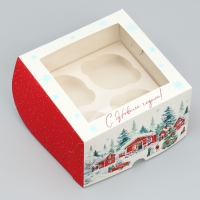 Коробка складная на 4 капкейка с окном «С Новым годом!», 16 х 16 х 10 см, Новый год Коробка складная на 4 капкейка с окном «С Новым годом!», 16 х 16 х 10 см, Новый год