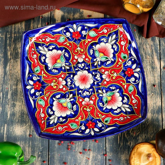 Ляган Риштанская Керамика Ляган Риштанская Керамика "Цветы", 25 см, квадратный, красный