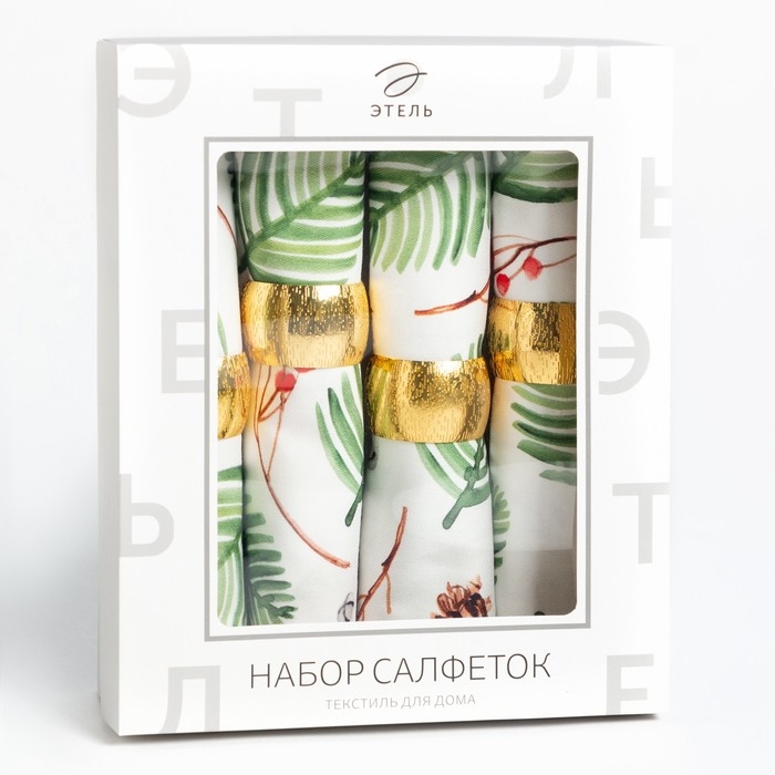 Набор новогодних салфеток &laquo;С Новым Годом&raquo; с декоративными кольцами, 40х40 см - 4 шт, хлопок, саржа