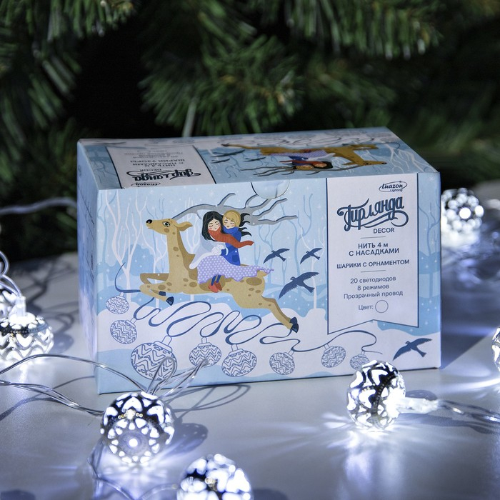 Гирлянда &laquo;Нить&raquo; 4 м с насадками &laquo;Шарик с орнаментом&raquo;, IP20, прозрачная нить, 20 LED, свечение белое, 8 режимов, 220 В