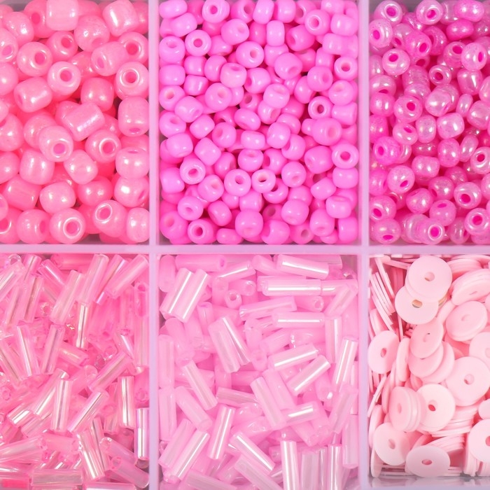 Бисер стекло 6/0, 12/0 в шкатулке "Розовый" стеклярус и пайетки 12,5х6,5х2 см