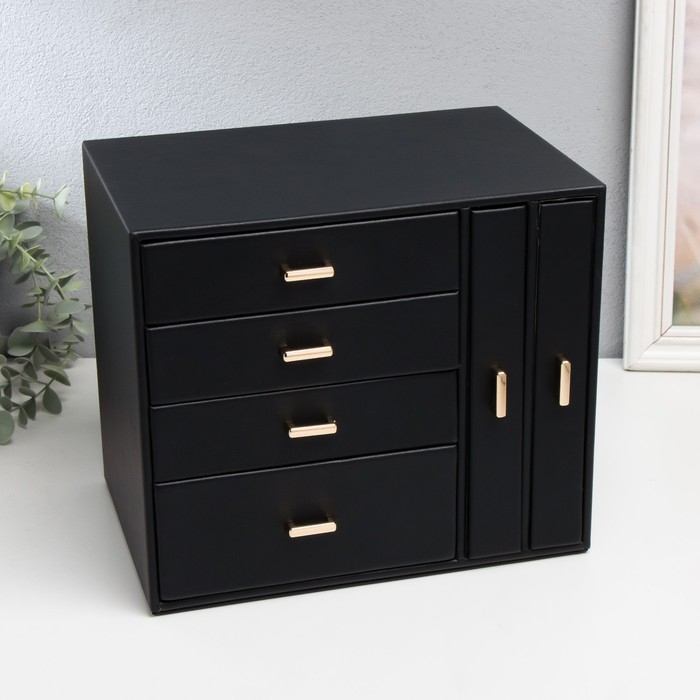 Шкатулка кожзам для украшений Шкатулка кожзам для украшений "Комод с золотистыми ручками" черная 16,3х18х22,5 см