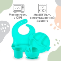 Набор для кормления: нагрудник, тарелка 2шт, стакан, приборы, Крошка Я, бирюзовый Набор для кормления: нагрудник, тарелка 2шт, стакан, приборы, Крошка Я, бирюзовый