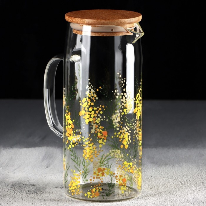 Кувшин стеклянный с бамбуковой крышкой &laquo;Нежная мимоза&raquo;, 1000 мл, с крышкой