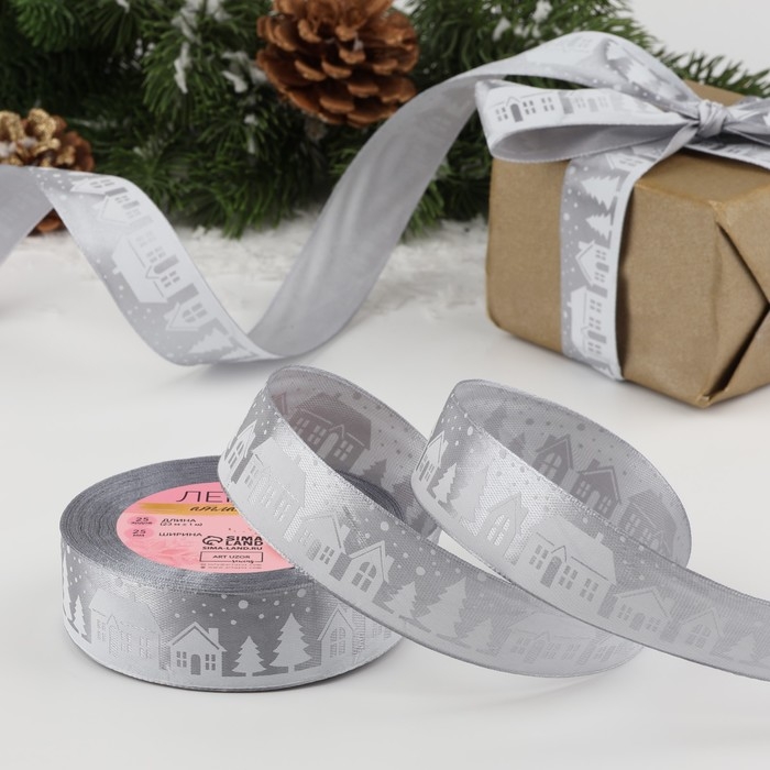 Новый год! Лента атласная &laquo;Домики&raquo;, 25 мм, 23 &plusmn; 1 м, цвет серый №59