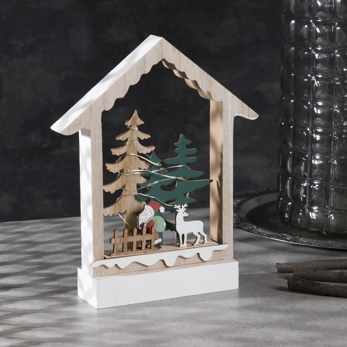 Светодиодная фигура &laquo;Дом с Дедом Морозом&raquo; 19 &times; 23 &times; 4.5 см, дерево, батарейки АААх2 (не в комплекте), свечение тёплое белое