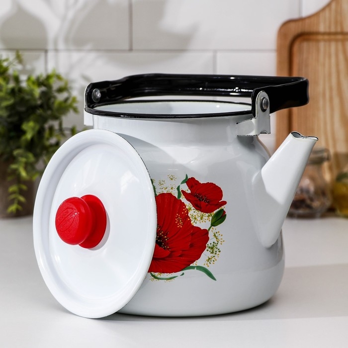 Чайник &laquo;Маки&raquo;, 3,5 л, эмалированная крышка, цвет белый