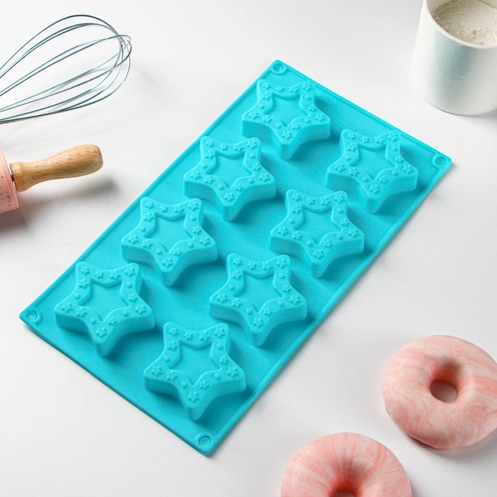 Форма для выпечки Доляна &laquo;Звёздочки&raquo;, силикон, 8 ячеек, 29&times;16&times;2 см, ячейка 6,3&times;6 см, глубина 1,7 см, цвет голубой