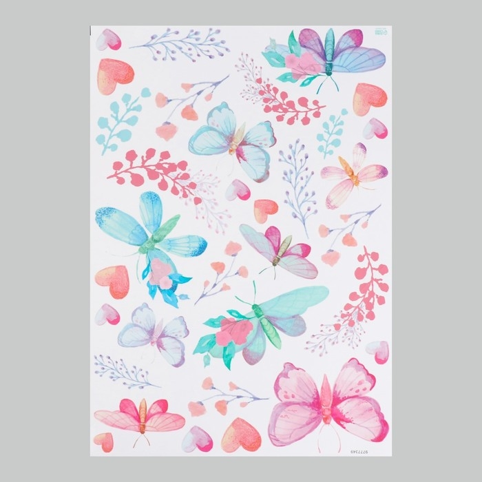 Наклейка интерьерная цветная "Акварельные бабочки в цветах" 50х70 см