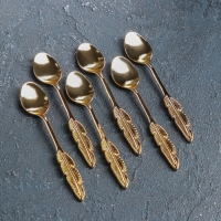 Набор ложек чайных &laquo;Перо&raquo;, длина 12 см, 6 шт, цвет золотой
