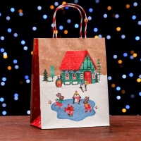 Новый год. Пакет бумажный подарочный новогодний крафт "Новогодний двор" 18 х 22,3 х 10 см.