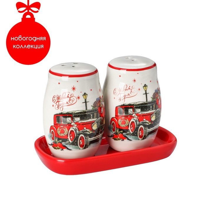 Набор для специй Доляна &laquo;С Новым годом&raquo;, 3 предмета: солонка 130 мл, перечница 130 мл, подставка