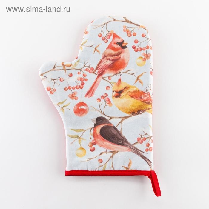 Новый год. Варежка-прихватка "Winter birds" 20х28см, саржа, 100% хлопок, ватин 250г/м2