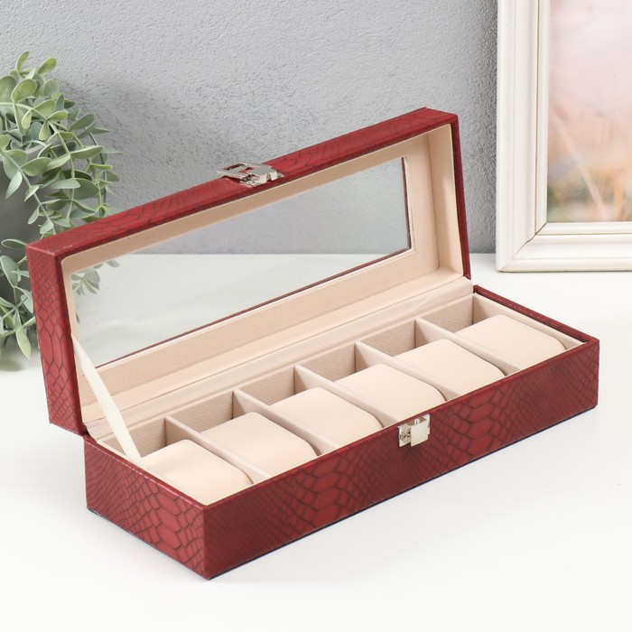Шкатулка кожзам под часы 6 отделений "Питон бордовый с прожилками" 11х31х7,5 см