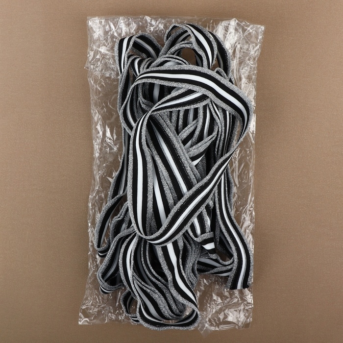 Тесьма трикотажная лампас 25 мм, 9,1 &plusmn; 0,5 м, цвет серебряный/чёрный/белый