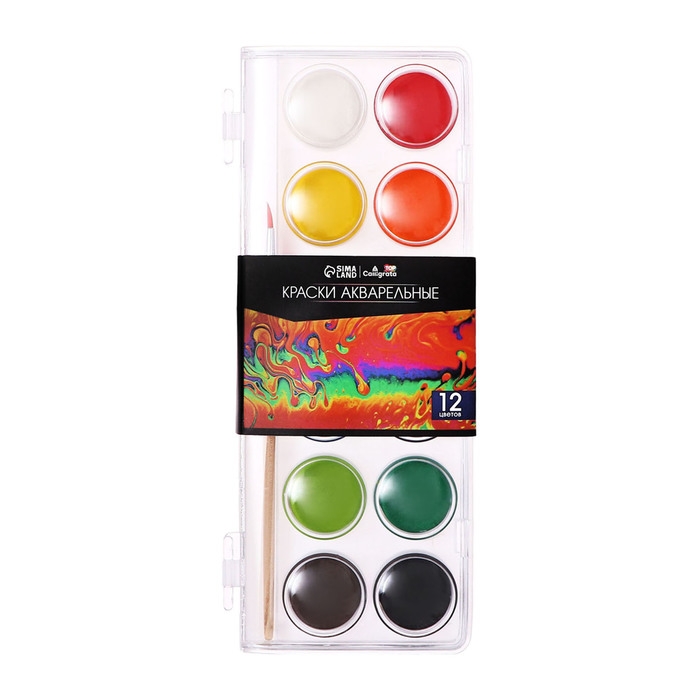 Краски акварельные 12 цветов, круглые, диаметр кюветы 28 мм, с кистью, пластиковый пенал, CALLIGRATA TOP Краски акварельные 12 цветов, круглые, диаметр кюветы 28 мм, с кистью, пластиковый пенал, CALLIGRATA TOP