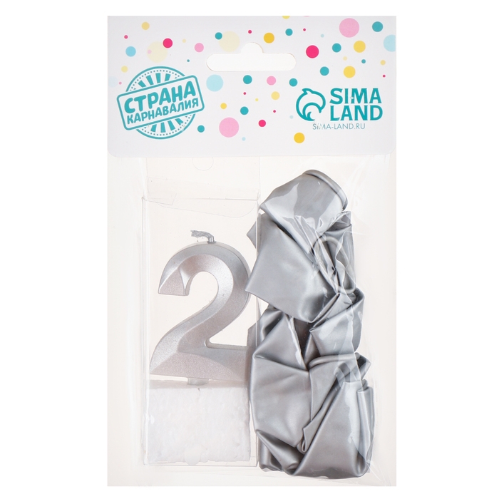 Свечи для торта + 5 шаров, цифра 2, серебро Свечи для торта + 5 шаров, цифра 2, серебро