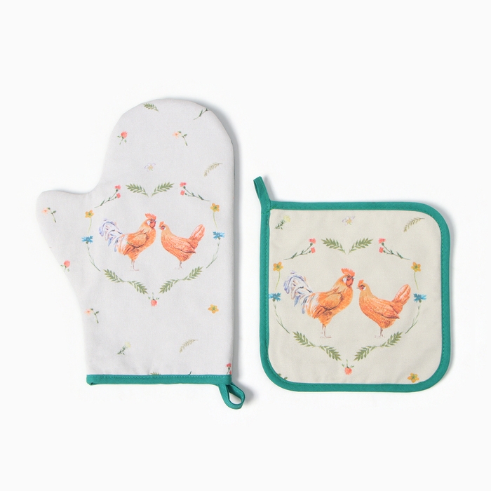 Набор кух. Этель "Курочка и петух" варежка-прихватка 20х28см, прихватка 19х19см,100% хл