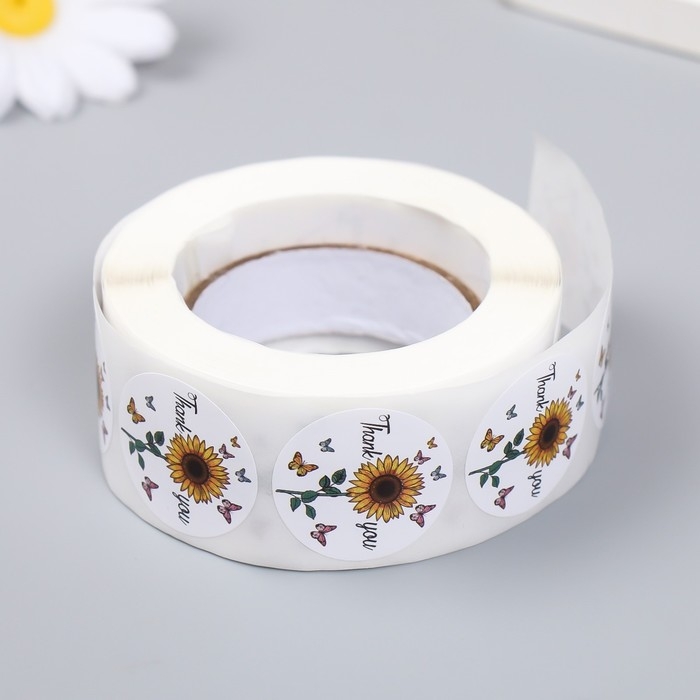 Наклейка бумага Наклейка бумага "Подсолнух. Благодарность" d=2,5 см 500 шт в рулоне 3х6,5х6,5 см