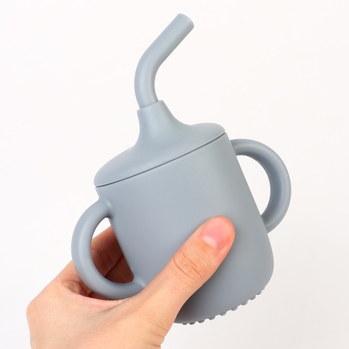 Поильник с трубочкой детский силиконовый &laquo;Try again&raquo;, 200 мл., с ручками, цвет серый
