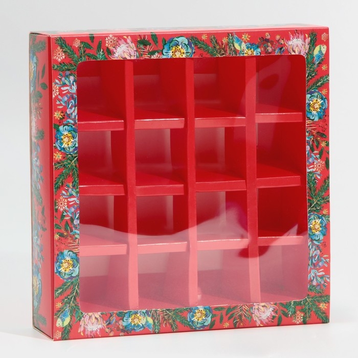 Коробка под 16 конфет с ячейками &laquo;Яркий новый год&raquo; 17,7 х 17,7 х 3,8 см, Новый год