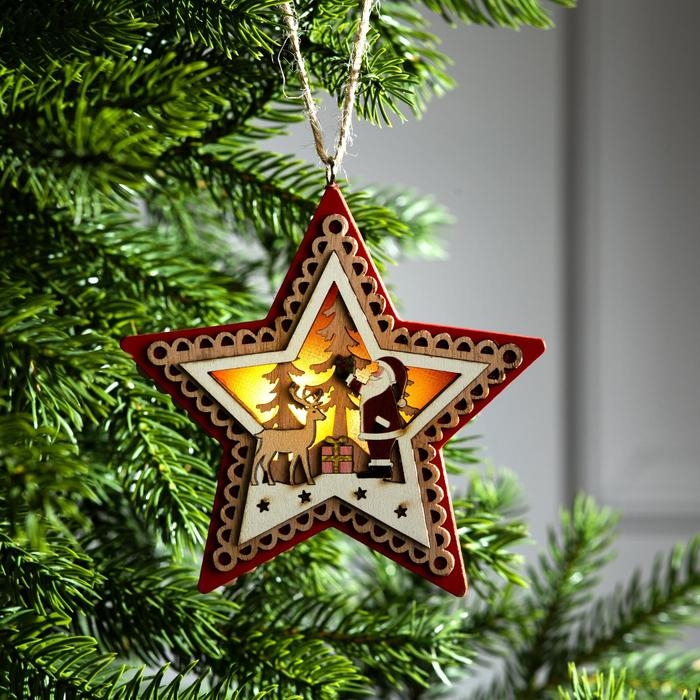 Ёлочная игрушка «Красная звезда с Дедом Морозом», от батареек, свечение тёплое белое Ёлочная игрушка «Красная звезда с Дедом Морозом», от батареек, свечение тёплое белое