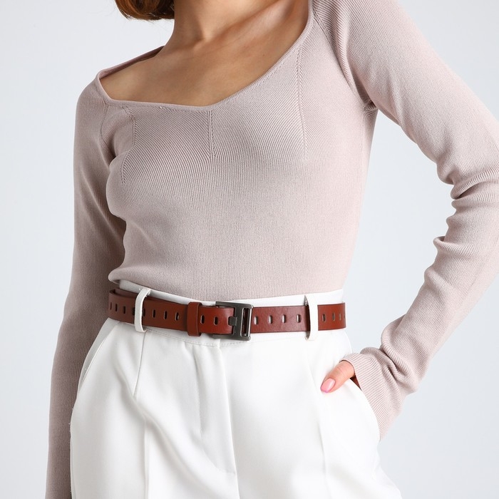 Ремень женский, ширина 3 см, люверсы, пряжка металл, винт, цвет коричневый